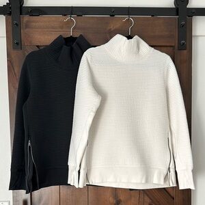 TWO Women's Ribbed Turtleneck Sweater - Black and White - thumb holes/side zip